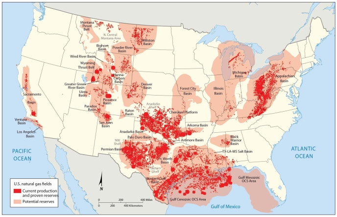   -Analysis of the maps in this chapter shows that the United States has natural gas fields in A)  Texas but not Oklahoma. B)  the Gulf of Mexico but not the Midwest. C)  the East but not the West. D)  many different areas. E)  the North but not the South.