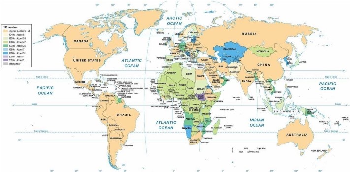   -The map concerning United Nations membership indicates that Ethiopia A)  left the UN in the 1990s but joined again in the early 2000s. B)  has not yet joined the United Nations as an independent state. C)  became a UN member in the 1950s. D)  became a UN member in the 1940s. E)  joined the UN in the 1950s but left it in the 1980s.