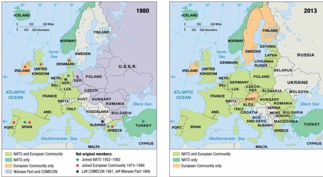   -As indicated on the maps of economic and political alliances, in the late 20th century Austria A)  was a member of NATO and the European Community. B)  was a member of NATO but not the European Community. C)  was a member of the European Community but not NATO. D)  remained nonaligned with either NATO or the Warsaw Pact. E)  was a member of the Warsaw Pact and COMECON.