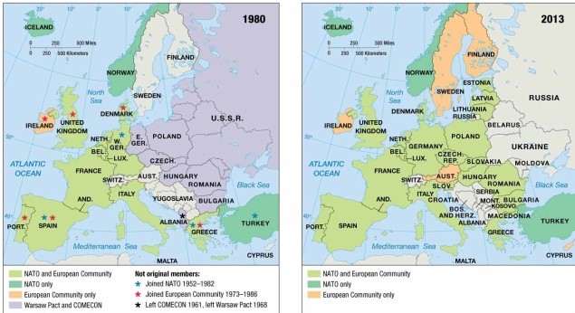   -As indicated on the map of European economic and military alliances, in 2013 Austria A)  was a member of NATO and the European Community. B)  was a member of NATO but not the European Community. C)  was a member of COMECON and NATO. D)  was a member of the European Community only. E)  was neither a member of NATO nor of the European Community.
