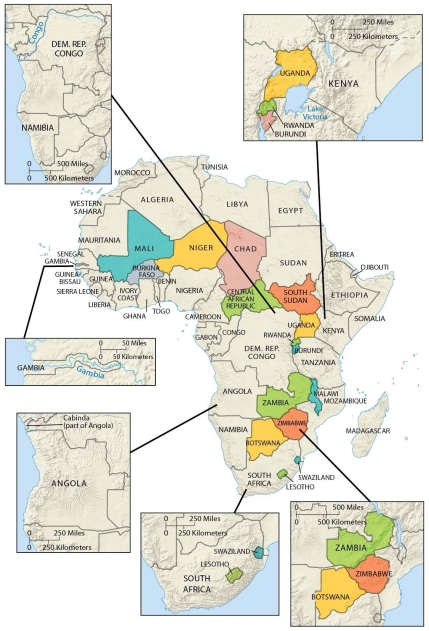 -As shown on this map, an African country with an elongated shape is A) Libya. B) Central African Republic. C) Algeria. D) Malawi. E) Sudan.
