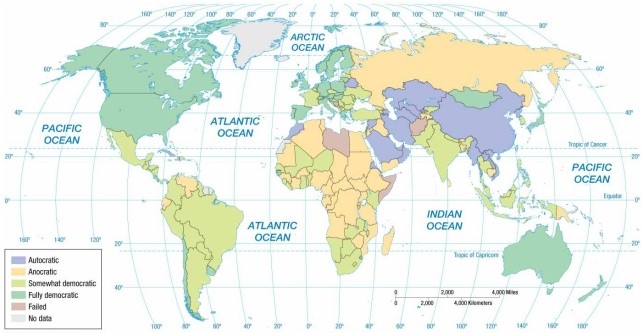   -According to the map of regime types, Spain is an example of a(n)  A)  autocracy. B)  anocracy. C)  partial democracy. D)  full democracy. E)  failed state.