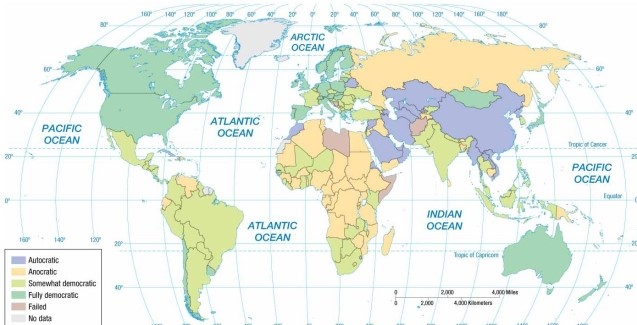   -According to the map of regime types, Chile is now an example of a(n)  A)  autocracy. B)  anocracy. C)  partial democracy. D)  full democracy. E)  failed state.