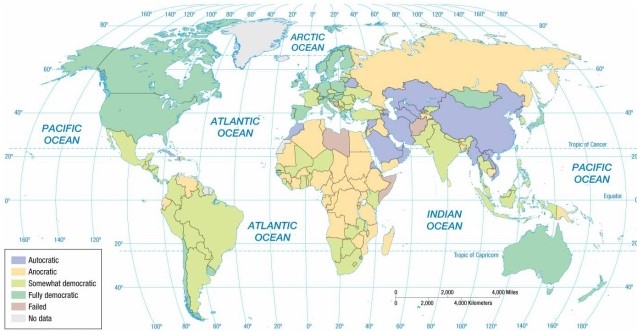   -According to the map of regime types, Zimbabwe is an example of a(n)  A)  autocracy. B)  partial democracy. C)  full democracy. D)  anocracy. E)  failed state.