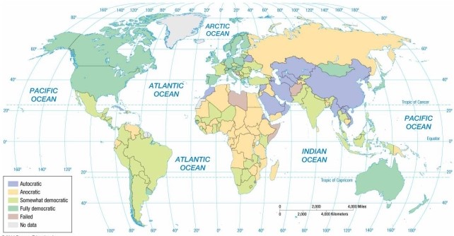   -According to the map of regime types, Saudi Arabia is an example of a(n)  A)  anocracy. B)  partial democracy. C)  full democracy. D)  autocracy. E)  failed state.