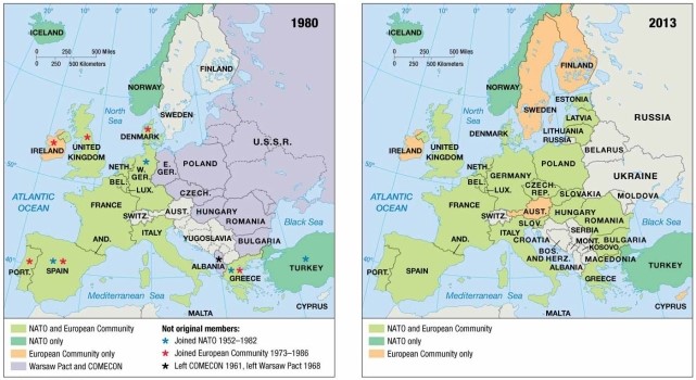   -As shown on the map of European economic and military alliances, among the members of the Warsaw Pact, the country bordering Hungary on the east was A)  Austria. B)  Poland. C)  Yugoslavia. D)  Romania. E)  Czechoslovakia.