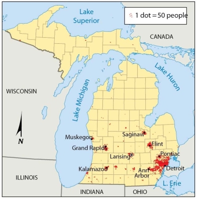   -This map shows that African Americans in Michigan are concentrated mainly in A)  the northeast. B)  the north, northeast, and west. C)  the southwest. D)  the southeast. E)  the northwest.