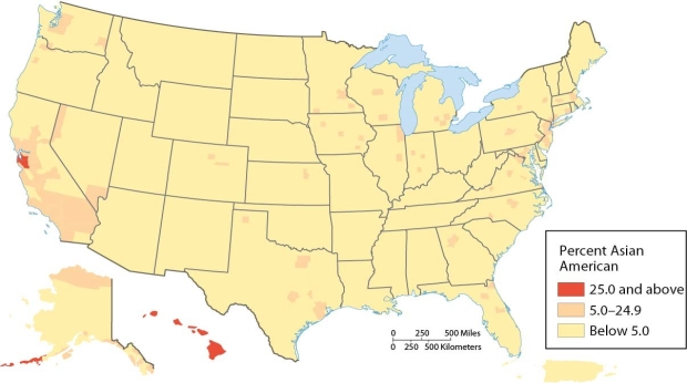   -By evaluating this map, we can surmise that the Asian American population in Texas is A)  fairly evenly dispersed in the state's rural communities. B)  more concentrated in the northern part of the state. C)  more concentrated in the urban areas in the northwest and southwest. D)  more concentrated in the urban areas in the northeast and southeast. E)  migrating to other states such as California.