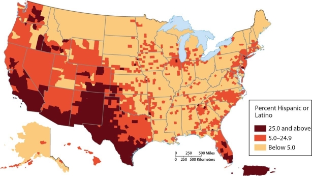   -The map indicates that Latinos/Hispanics are clustered in what areas of the United States? A)  Northeast, cities B)  West, Southwest C)  Southwest, Southeast D)  cities E)  Pacific Northwest, Plains states