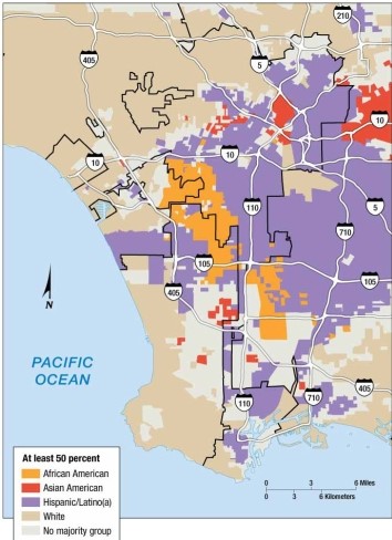   -This map indicates that in Los Angeles, Asian Americans are mainly concentrated A)  in the southeast. B)  in the northeast. C)  in the approximate geographic center. D)  in a contiguous line from the northeast to the southeast. E)  in an inverted pattern from west to east.