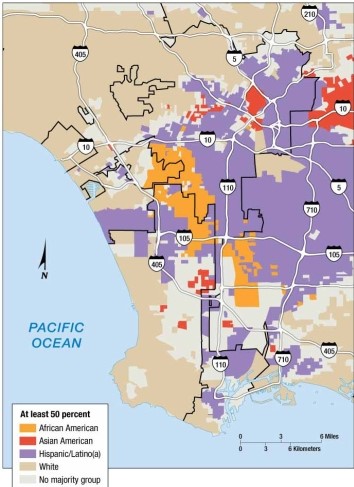   -This map indicates that in Los Angeles, African Americans are mainly concentrated A)  in the northeast. B)  near the geographic center of the urban area. C)  in the southeast. D)  in a contiguous line from the northeast to the southeast. E)  in an inverted pattern from west to east.