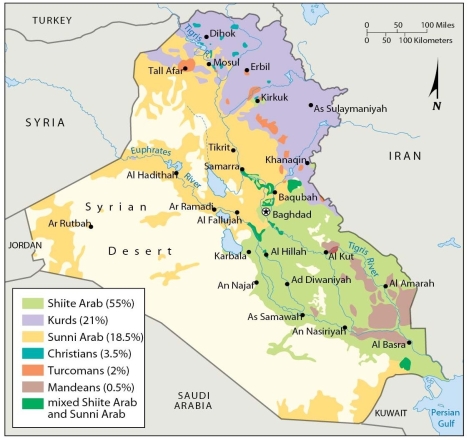   -According to this map, the Kurds are likely A)  in a new country created for them between Iraq, Iran, and Turkey. B)  located in the Balkans. C)  clustered completely in Iraq. D)  divided among Turkey, Syria, Iraq, and Iran. E)  divided among Iraq, Iran, and Syria.