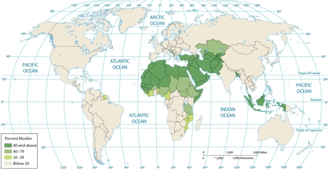   -This map shows that Muslims are clustered in A)  Southwestern Asia, Sub-Saharan Africa, and parts of South Asia. B)  Southwestern Asia, North Africa, South America, and parts of North America. C)  Eastern Europe, North America, South Asia, and parts of Russia, China, and Japan. D)  East Asia, South Asia, and North Africa. E)  Southwestern Asia, North Africa, and parts of South Asia and Southeastern Asia.