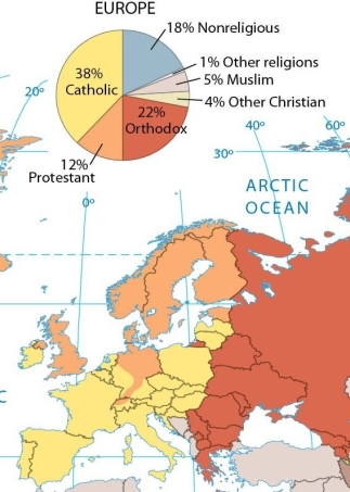   -Analysis of this map indicates that in Scotland, A)  Catholics are the majority in the north, while Protestants are the majority in the south. B)  Protestants are the majority. C)  the majority of the people are nonreligious. D)  Protestants account for the majority in the south, while Catholics are the majority in the north and west. E)  the population is roughly divided between Protestants and Catholics.