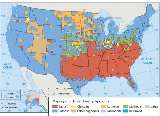   -The maps and diagrams in this chapter help us surmise that a person from Minnesota is more likely to be an adherent of A)  the Lutheran church. B)  the Roman Catholic church. C)  a Baptist church. D)  an Eastern Orthodox church. E)  a Methodist church.