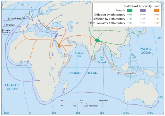   -According to this map, Islam diffused initially to A)  Southwest Asia, Northeast Asia, and South Asia. B)  Southwest Asia and North Africa. C)  West Africa, Southwest Asia, and Europe. D)  North Africa, Europe, and Southeast Asia. E)  Southeast Asia and Southwest Asia.