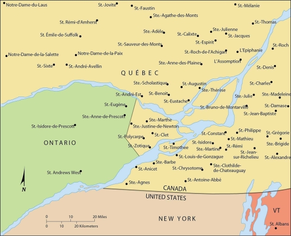   -According to this map, the landscape of Quebec is distinguished from neighboring Canadian provinces and the United States partly because it A)  has toponyms from non Indo-European languages. B)  is not predominantly Christian. C)  has numerous religious toponyms. D)  may become part of France again. E)  displays numerous examples of religious tolerance.