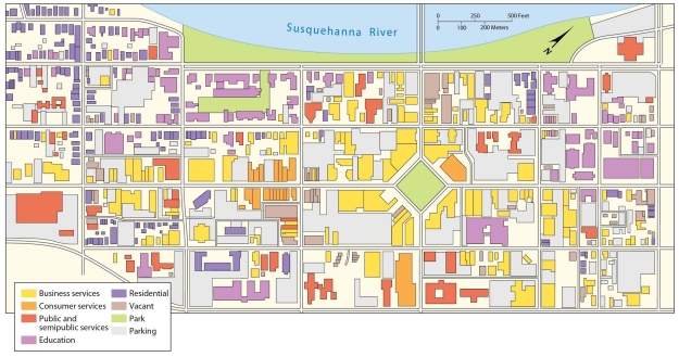   -According to this plan of the CBD of Wilkes-Barre, A)  public and business services are concentrated mainly along the riverfront. B)  there is a mixture of public, semipublic, and business services in the suburbs. C)  there is a mixture of public, semipublic, and business services in the downtown area. D)  business services and consumer services hardly ever adjoin. E)  there are separate districts for business services and public services.