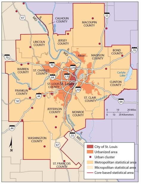   -According to this map of the St. Louis area, the A)  city itself extends to the east bank of the Mississippi River but the urbanized area does not. B)  urbanized area extends through Washington and Clinton counties. C)  urbanized area extends through Madison, Jefferson, and Lincoln counties. D)  urbanized area extends through Madison and Jefferson counties. E)  increase in the differences in densities is found throughout the entire urban area.
