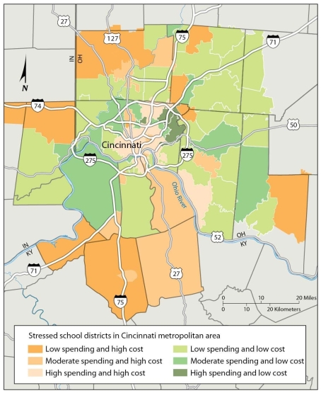  -According to this map, Cincinnati-area school districts experience stress largely as a result of economic and social inequality, as well as urban transition.