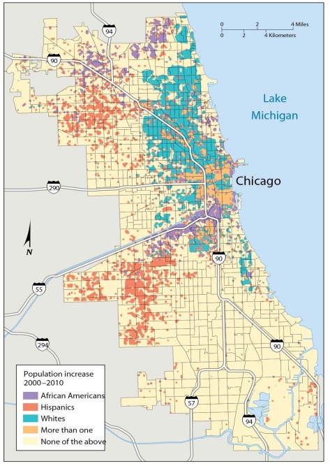   -This map of Chicago indicates that virtually no whites live in the predominantly Hispanic and African American neighborhoods.
