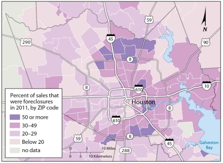   -According to this map of foreclosures and home sales in Houston, a greater number of homes were foreclosures in northern and southern areas of Houston than in eastern and western areas of Houston.