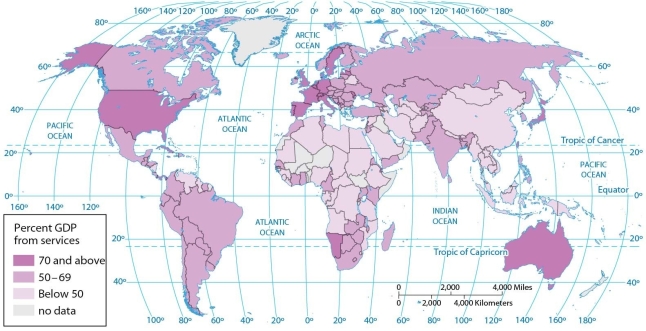   -This map of the percentage of GDP from services indicates that services account for between 60 and 69 percent of GDP in A)  Russia, Australia, and Germany. B)  South Africa, Namibia, and Mexico. C)  Mexico, Canada, and Russia. D)  Brazil, Mexico, and Yemen. E)  Brazil, the United States, and Canada.
