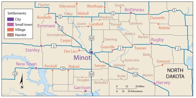   -This map of central place theory in North Dakota indicates that A)  New Town is less than 10 miles from Parshall, and Parshall is less than 10 miles from Makoti. B)  New Town is less than 20 miles from Parshall, and Parshall is less than 20 miles from Makoti. C)  New Town is less than 30 miles from Parshall, and Parshall is less than 30 miles from Makoti. D)  Minot is about 100 miles west of Rugby, and Stanley is about 100 miles west of Minot. E)  Minot is about 120 miles west of Rugby, and Stanley is about 120 miles west of Minot.