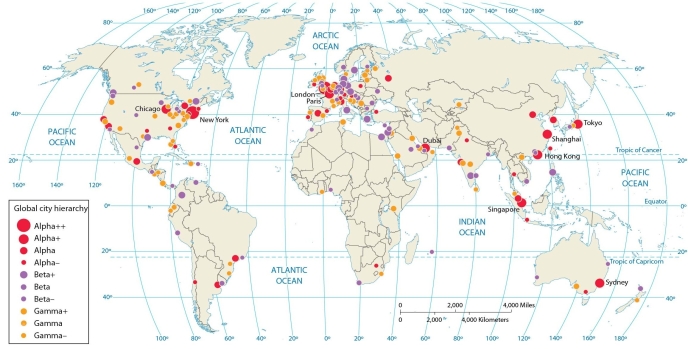   -An analysis of this map of global cities indicates that A)  Chicago is ranked above Sao Paulo. B)  New York City is ranked below London. C)  Sao Paulo is ranked above Chicago. D)  Moscow is ranked above Sao Paulo. E)  Cairo is ranked above Beijing.