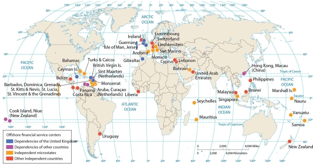 <strong> This map of offshore financial centers indicates that</strong> A) most are concentrated in South America. B) many are concentrated in the United States. C) many are concentrated in the eastern Caribbean. D) many are concentrated in East Asia. E) there are more offshore banking centers in Europe than in the Caribbean.