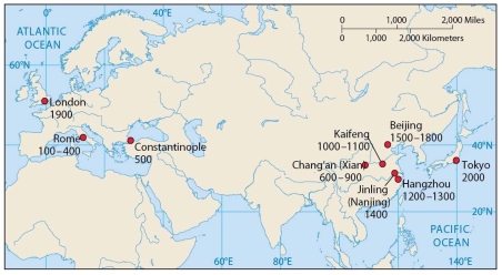   -This map of early urban settlements indicates that by 1 A.D. A)  Beijing was smaller than London. B)  Tokyo was smaller than London. C)  Rome was one of the largest cities in the world. D)  London was the largest city in Europe. E)  Constantinople was still a minor settlement.