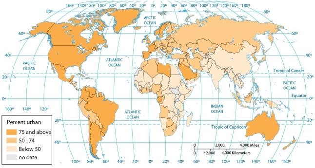   -This map of the percentage living in urban settlements indicates that in the following countries, less than half of the people live in urban areas: A)  South Africa, Kenya, Tanzania, Namibia, and Libya. B)  Mexico, India, China, Saudi Arabia, and Libya. C)  Niger, Chad, the Central African Republic, Kenya, Tanzania, and China. D)  Niger, Chad, the Central African Republic, India, Australia, and South Africa. E)  France, Germany, Romania, Russia, and Bulgaria.