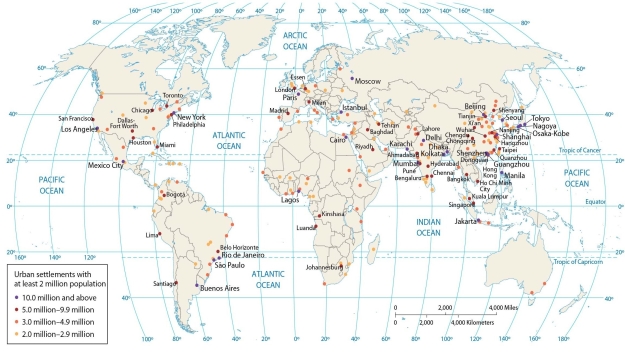   -According to this map, most of the world's cities that exceed two million residents are in Asia.
