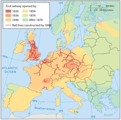   -An analysis of this map of Europe indicates that railways A)  were more concentrated in France and Germany before they appeared in the United Kingdom. B)  tended to be built first in Eastern Europe before spreading westward. C)  were built in France before they were built in the United Kingdom. D)  in the United Kingdom first appeared near London and were later built in northern England. E)  were built in northern England before they appeared in southern England.