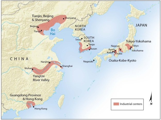  -The map of East Asia's industrial areas indicates that the region's chief manufacturing bases include A)  the Rhine-Ruhr valley. B)  parts of southeastern China. C)  parts of northwestern China. D)  northern Japan. E)  South Korea.