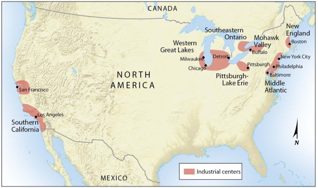   -According to the map, Canada's most important industrial area is A)  Vancouver, British Columbia. B)  the St. Lawrence Valley and Ontario Peninsula. C)  the northern shore of Lake Superior. D)  the sea ports of Nova Scotia. E)  the entire southern border shared with the United States.
