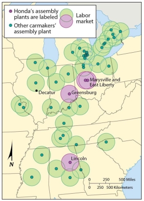   -As indicated on this map of automobile assembly plants, in an effort to reduce labor competition and thus keep wages lower, there are only A)  three plants in Tennessee, one in South Carolina, two in Mississippi, and three in Illinois. B)  three plants in the Midwest, four plants in the Northeast, and five plants in the South. C)  two plants in the Midwest and more than 20 in the South. D)  four plants in Tennessee, one in South Carolina, three in Mississippi, and three in Illinois. E)  three plants in Tennessee, three in Kentucky, one in South Carolina, and four in Mississippi.