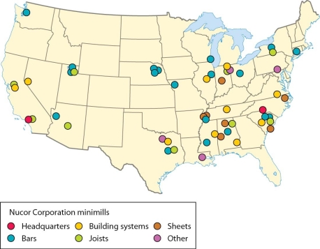   -As indicated on the map of minimill facilities in the U.S., A)  minimills are primarily situated close to Northeastern markets. B)  most Nucor operations are concentrated in Mississippi, California, Illinois, Kentucky, and Maine. C)  most Nucor operations are concentrated in Mississippi, Alabama, North Carolina, and Florida. D)  minimills operate in nearly every U.S. state. E)  Nucor has operations in at least 20 different states.