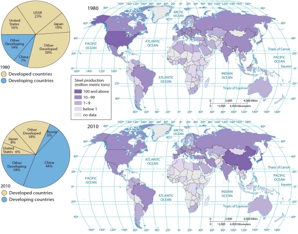   -According to these pie charts, between 1980 and 2010 the share of global steel production from developing countries A)  increased from 7 percent to 44 percent. B)  increased from 14 percent to 19 percent of the total, if Russia is considered a developing country. C)  increased from 5 percent to 23 percent of the total, if Russia is considered a developing country. D)  decreased from 68 percent to 21 percent, if Russia is considered a developing country. E)  increased from 21 percent to 68 percent of the total, if Russia is considered a developing country.