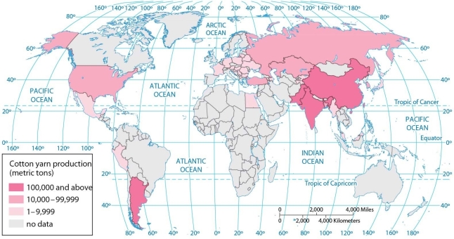   -According to this map of cotton yarn production, after China, India, and Pakistan the world leaders in yarn production include A)  Argentina, Russia, and Australia. B)  Argentina, Brazil, Peru, Egypt, the United States, Turkey, Russia, and Australia. C)  Egypt, France, Germany, Belgium, and Poland. D)  Argentina, the United States, Iraq, Iran, and Russia. E)  Argentina, the United States, Turkey, Kazakhstan, and Russia.