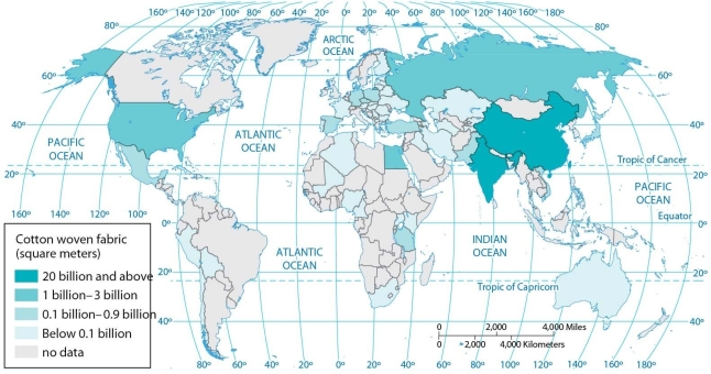   -According to this map of cotton weaving distribution, between 1 billion and 3 billion square meters of fabric are produced annually in both A)  the United States and Canada. B)  the United States and Mexico. C)  Russia and Australia. D)  China and India. E)  the United States and Egypt.