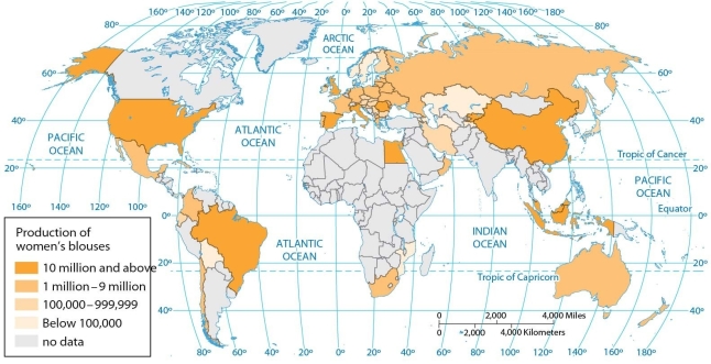   -As indicated on this map, the world leaders in blouse production include the United States, China, A)  Russia, South Africa, and Australia. B)  Pakistan, and India. C)  Egypt, Bulgaria, Romania, and Turkey. D)  Mexico, South Africa, and Australia. E)  Egypt, Spain, and Brazil.