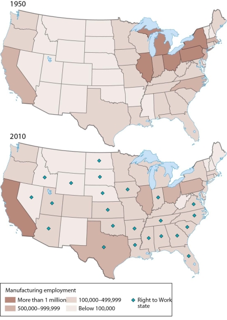   -An analysis of these maps showing changes in U.S. manufacturing from 1950 to 2010 indicates that A)  the percentage of manufacturing jobs increased in California. B)  the percentage of manufacturing jobs decreased only in the Midwest and Northeast. C)  the number of manufacturing jobs increased only in  right-to-work  states. D)  the number of manufacturing jobs increased markedly in Ohio, Michigan, New York, and Pennsylvania. E)  the number of manufacturing jobs decreased markedly in Ohio, Michigan, New York, and Pennsylvania.
