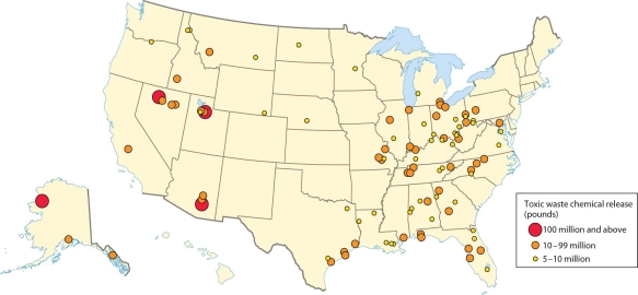   -This map indicates that the largest chemical release sites are in Ohio and other eastern states.