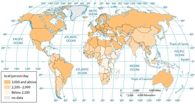   -Using the map of dietary energy consumption as a reference (and momentarily ignoring other cultural and economic factors) , we could predict that among the following countries, those most likely to suffer an obesity epidemic in the near future would be A)  the United States, Mexico, Canada, Australia, and Russia. B)  the United States, Canada, Australia, Egypt, and Iraq. C)  the United States, Spain, the United Kingdom, and Argentina. D)  the United States, Mexico, Argentina, Peru, Brazil, and Ecuador. E)  the United States, Australia, China, Russia, Pakistan, and India.