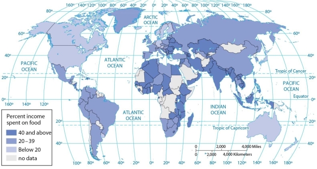   -According to the map of income spent on food, more than 40 percent of average income is spent on food in A)  Algeria, Syria, Madagascar, and Laos. B)  Syria, Iraq, Laos, Mexico, and Canada. C)  Syria, Malawi, Kenya, Australia, and Madagascar. D)  Madagascar, Mexico, Brazil, Guatemala, Syria, and Laos. E)  Laos, Cuba, Brazil, and Madagascar.
