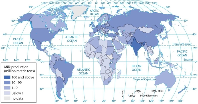  -According to the map of world milk production, between 1 and 9 million metric tons of milk are produced annually in A)  Iran. B)  Iraq. C)  Mexico. D)  Libya. E)  Bolivia.