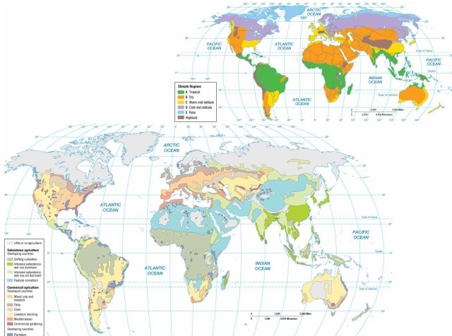 -As indicated on the map of world agricultural regions, Mediterranean farming is so named because it is practiced only on land bordering the Mediterranean Sea.
