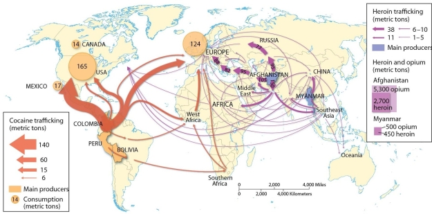   -The map of global drug trafficking supports the hypothesis that continued unrest in Afghanistan would help to guarantee its standing as one of the main sources of opium poppy production for the heroin trade.