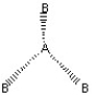 Which of the following pictures best illustrates a planar triangle shape for the fictional molecule AB<sub>3 </sub>? A) B) C) D)
